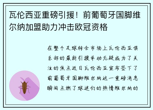 瓦伦西亚重磅引援！前葡萄牙国脚维尔纳加盟助力冲击欧冠资格